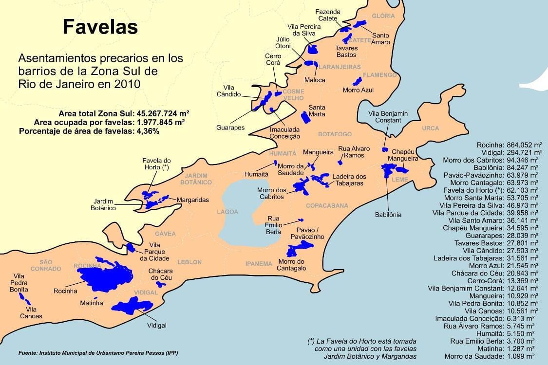 Mapa favelas Južného Rio de Janeiro