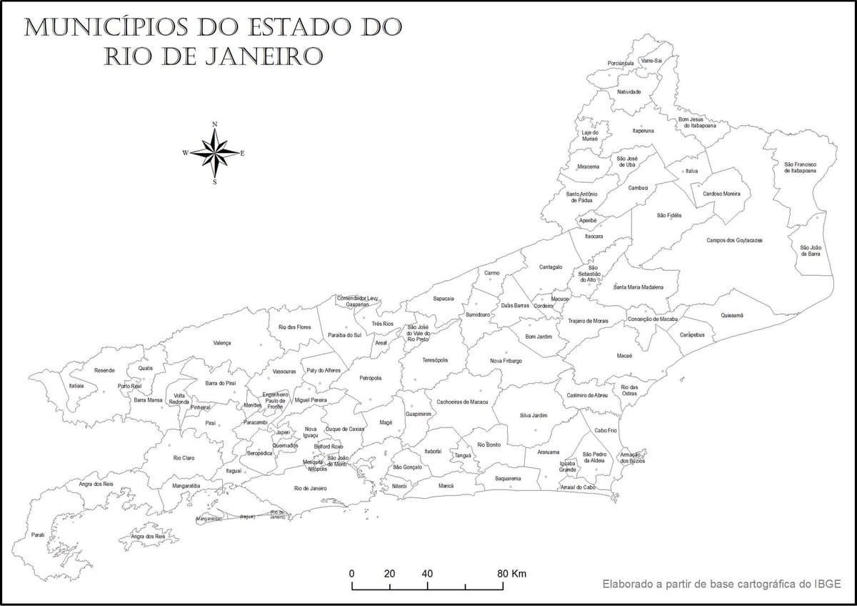 Mapa Rio de Janeiro, čierna a biela